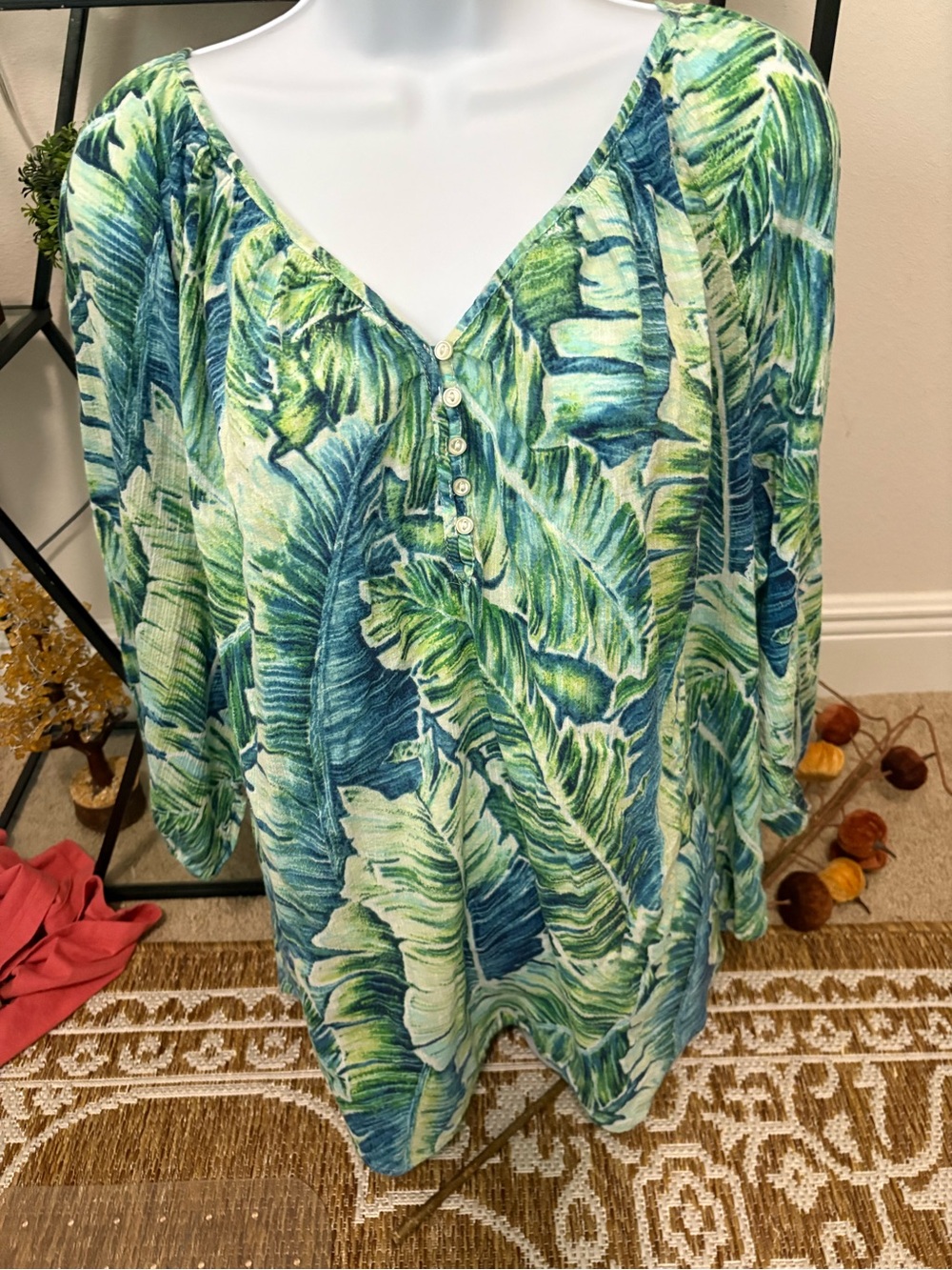 Chaps womens 3/4 sleeve v-neck tunic palm leaves blouse green blue plus 2X